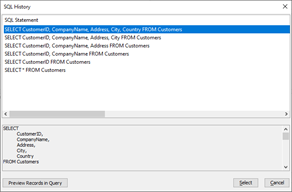 SQL History dialog.